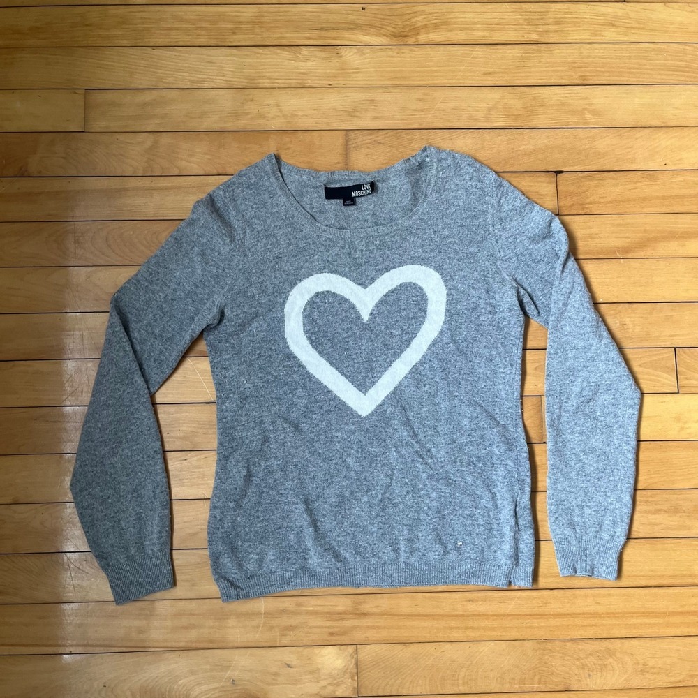 Love Moschino Gray Wool Cashmere Blend Heart Intarsia Crewneck Sweater MX1180102